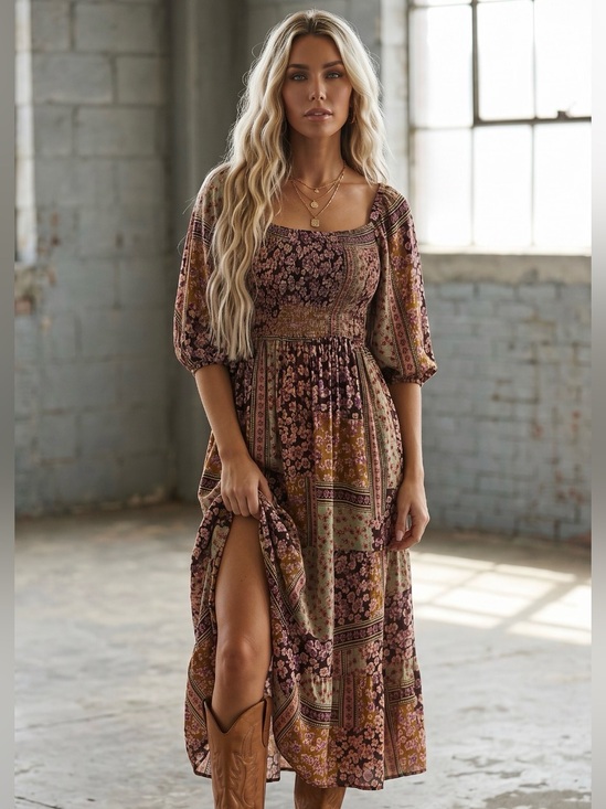 Angie Dresses & Skirts - NWT Boho Mixed Floral Patchwork Print Smocked Balloon Sleeve Maxi Midi Dress